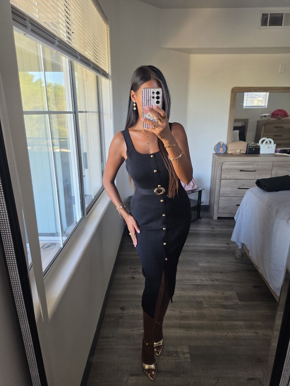 Elegant Black Button-Front Midi Dress with Belt Detail Stretchy - Picture 6 of 17